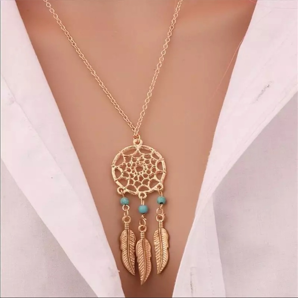 Gold Dreamcatcher Necklace Boho Feather Pendant Turquoise Bead Jewelry